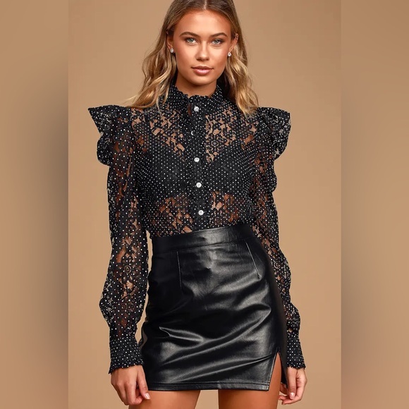 Lulus Tops - Lulu's Black and White lace Blouse with polka dots.